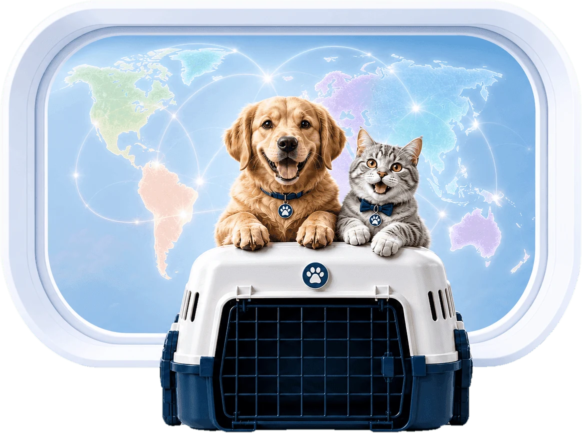 Illustration of a dog and cat with a travel crate against a world map