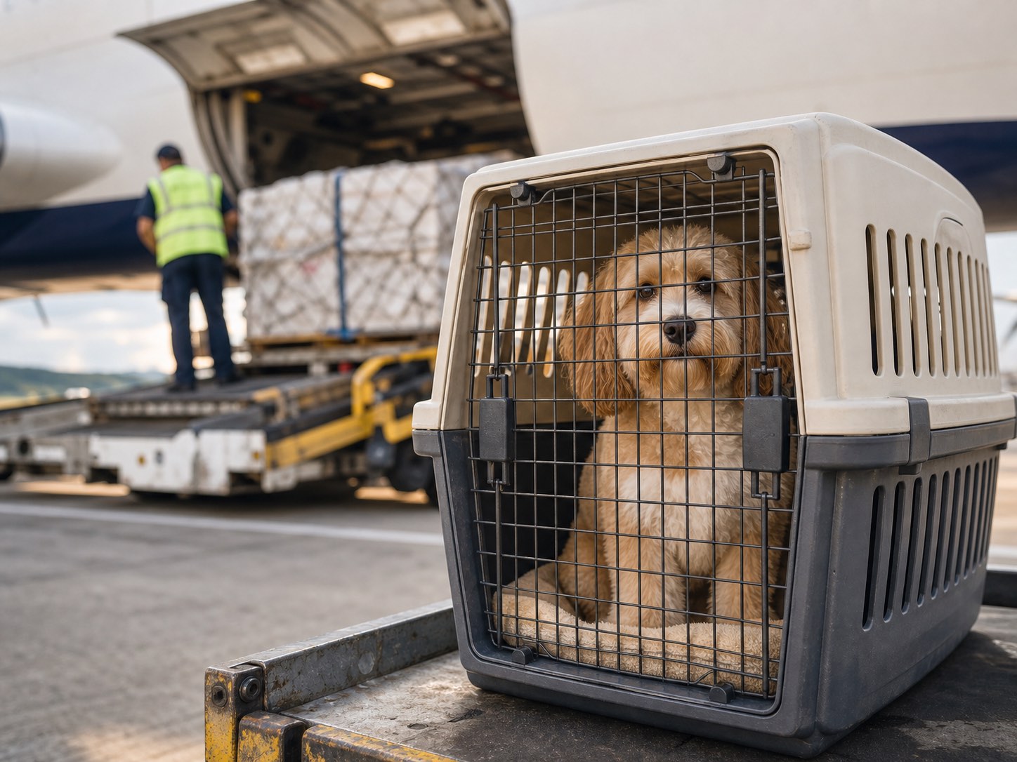 Anjing tenang di dalam kandang pesawat di area loading cargo