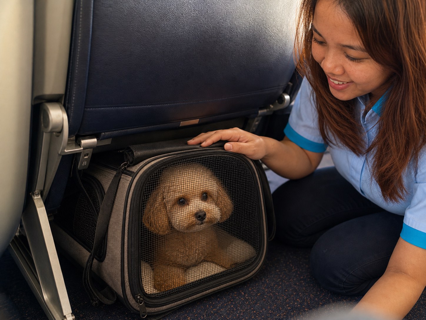 Pet tenang di cabin carrier bawah kursi pesawat dengan tangan pendamping di dekatnya