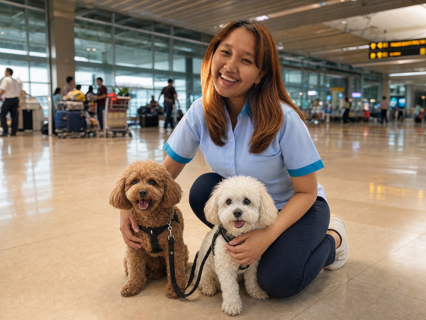 Spesialis Pet Travel Asia mendampingi anjing yang tenang di terminal bandara