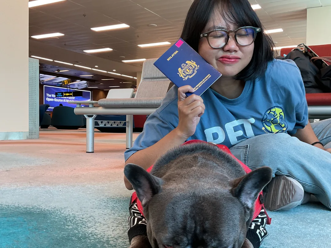 Escort waiting at the terminal with a French Bulldog and its pet passport